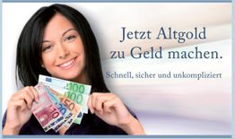 Frau lächelt mit Euro-Geldscheinen, Text: "Jetzt Altgold zu Geld machen. Schnell, sicher und unkompliziert".