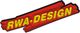 Logo mit gelbem Text "RWA-DESIGN" auf rotem Hintergrund in dynamischem, schrägem Stil.