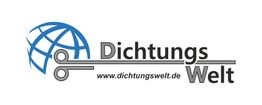 Scheren-Logo mit Globus und der Website-URL dichtungswelt.de in Blau und Schwarz.
