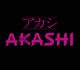 Textbild mit "AKASHI" in Lila und japanischen Schriftzeichen darüber, schwarzer Hintergrund.
