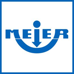 Blaues Logo mit dem Wort "MEIER", eingebettet in einem schmuckhaften Pfeil nach unten.