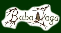 Text "Baba Jaga" in geästelter Schrift auf grünem Hintergrund mit kleiner Figur im "J".