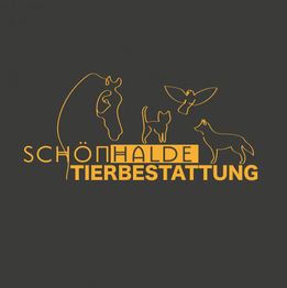Logo mit Tieren und Text "Schönhalde Tierbestattung" in Gelb auf dunkelgrauem Hintergrund.