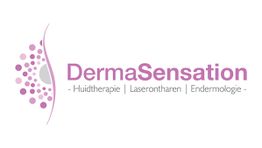 Logo van DermaSensation met tekst: Huidtherapie, Laserontharen, Endermologie in paarse letters.