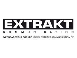 Schwarz-weißes Logo der Werbeagentur "Extrakt Kommunikation" mit Website "www.extrakt-kommunikation.de".