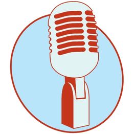 Illustration eines roten Retro-Mikrofons auf blauem Hintergrund.