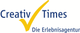 Logo mit Schriftzug "Creativ Times" und gelbem Haken, darunter "Die Erlebnisagentur".