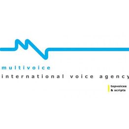 Logo van Multivoice, internationale voice agency met blauwe lijn en tekst "topvoices & scripts".