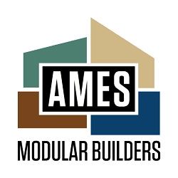 Logo of Ames Modular Builders with geometric shapes in green, beige, brown, and blue.