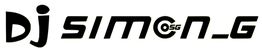 Schwarzes Logo mit der Aufschrift "DJ SIMON_G" auf weißem Hintergrund, Buchstabe "O" als Schallplatte.