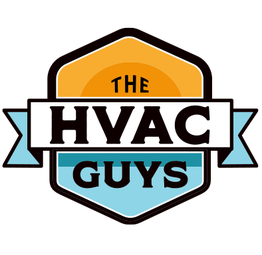 Logo with text "The HVAC Guys" on a hexagonal badge with blue and orange accents.