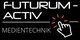 "Schwarzes Logo mit 'Futurum-Activ Medientechnik' und einer anklickenden Hand-Ikone."