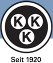 Schwarzes Logo mit drei weißen "K" in Kreisen, darunter "Seit 1920", auf blau-weißem Hintergrund.