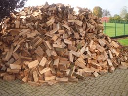 Ein großer Haufen gestapeltes Brennholz auf einem gepflasterten Platz vor einem grünen Zaun.