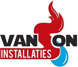 Logo met tekst "VAN SON INSTALLATIES" in rood en zwart, met een vlam en een druppel symbool.