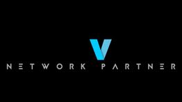 Logo con testo "Network Partner" e una "V" blu al centro su sfondo nero.