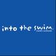 Logo of "Into the Swim" swim school on a blue background with white playful text.