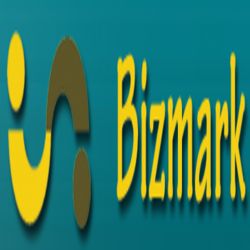 Logo with yellow abstract design and "Bizmark" in yellow text on a teal background.