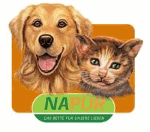 Gemaltes Bild von einem fröhlichen Hund und einer Katze mit der Aufschrift „NaPur“.
