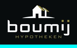 Logo van Boumij Hypotheken met een huisicoon op een zwarte achtergrond.