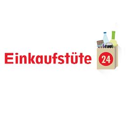 Logo "Einkaufstüte 24" mit einer gefüllten Einkaufstüte rechts im Bild.