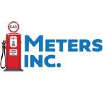 Vintage red gas pump with "Meters Inc." text in blue.
