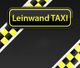 Schwarzes Logo mit gelbem Text "Leinwand TAXI", umgeben von schwarz-gelben Streifen.