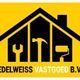 Logo van Edelweiss Vastgoed met gereedschap in een huisje op gele achtergrond.