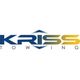 Logo of Kriss Towing with blue and yellow gradient text and arrows above and below.