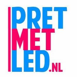 Logo met de tekst "Pret met LED.nl" in blauw en roze kleuren.