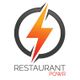 Logo eines Restaurants mit einem orangefarbenen Blitz und dem Text "Restaurant POWR".