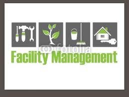 Symbole für Facility Management: Werkzeuge, Pflanze, Eimer, Besen, Haus mit Schlüssel.