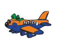 Ein cartoonhaftes Flugzeug mit Sonnenbrille, grünem Hut und Passagieren in der Kabine.