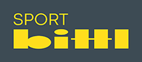 Gelbes Logo "SPORT bischi" auf dunkelgrauem Hintergrund.