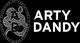 Logo noir et blanc avec texte "ARTY DANDY" et illustration circulaire AD orné de motifs.