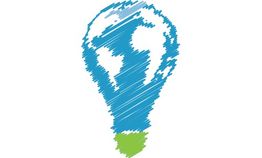 Desenho de lâmpada com o mapa do mundo em azul e verde no formato do globo terrestre.