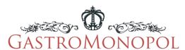 Logo mit Krone und Schnörkel, darunter steht in roten Buchstaben "GastroMonopol".