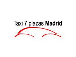 Logo de "Taxi 7 plazas Madrid" con un dibujo minimalista de coche rojo.