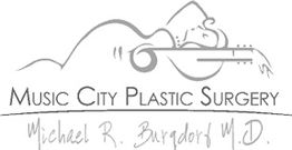 Logo for Music City Plastic Surgery with a guitar outline and surgeon's name below.