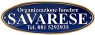 Logo blu ovale con testo "Organizzazione funebre Savarese" e numero di telefono.
