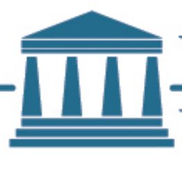 Symbol eines Tempels mit vier Säulen und einem Dreieckdach in Blau.