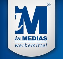 Logo mit blauem "M", darunter "in MEDIAS" und "werbemittel" auf weiß-blauem Hintergrund.