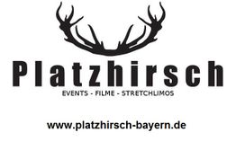 Logo mit Hirschgeweih, "Platzhirsch", darunter "Events - Filme - Stretchlimos", Website: platzhirsch-bayern.de.
