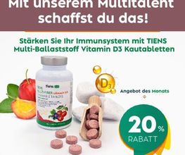 Flasche und Tabletten mit Obst, Text: 20% Rabatt auf TIENS Multi-Ballaststoff Vitamin D3.