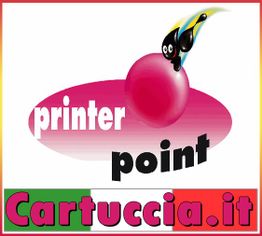 Logo di Cartuccia.it con scritta "printer point" e una mascotte nera su sfondo tricolore italiano.
