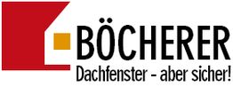 Böcherer-Logo mit stilisiertem Dachfenster und Slogan „Dachfenster - aber sicher!“.