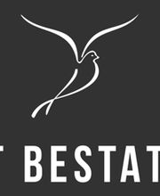 Weiße Taube und Text „Diskret Bestattungen“ auf schwarzem Hintergrund.