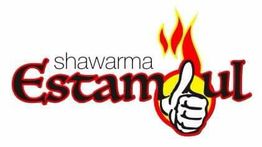 Logotipo de "Shawarma Estambul" con llamas y un pulgar hacia arriba.