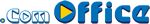 Blau-gelbes Logo mit dem Text ".com Office" und Play-Button-Design im "o" und "i".