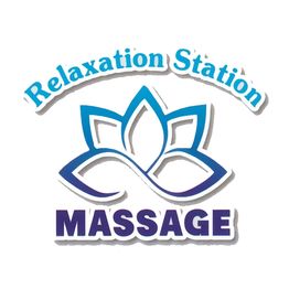 Logo with a blue lotus above the words "Relaxation Station Massage."